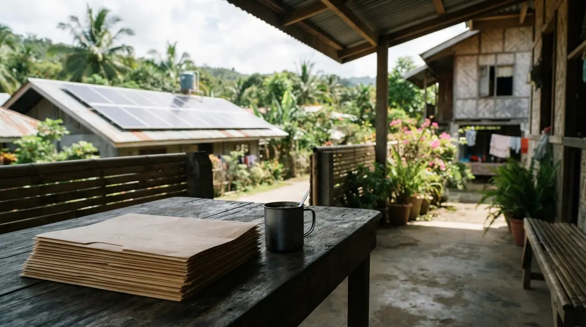 An empty desk with folders on a porch overlooking a home with solar roof panels.