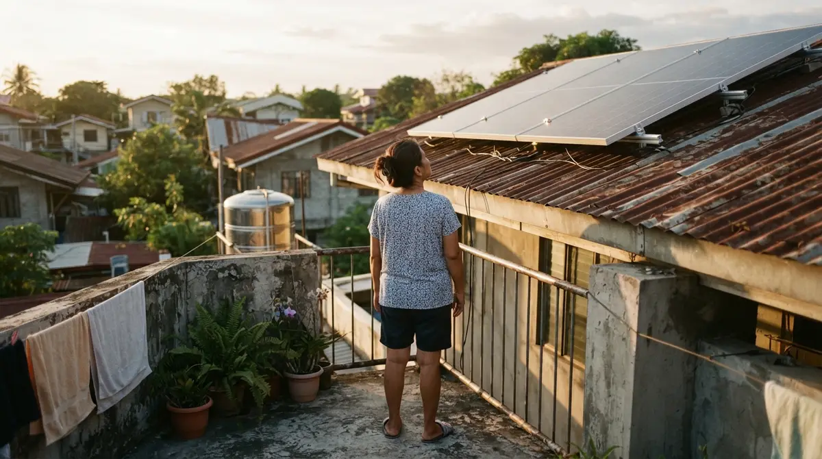 Woman looking at solar panels installed on a corrugated metal roof from a balcony.