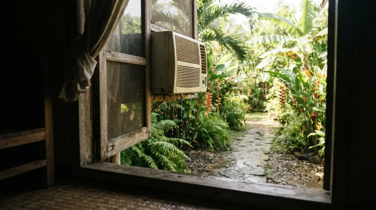 Water drips from an air conditioning unit into a sunlit tropical garden.