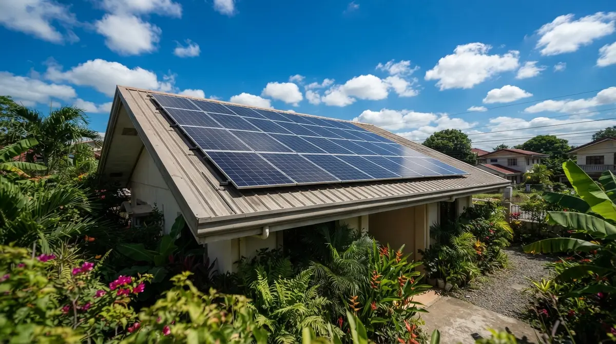 A large residential rooftop completely covered in rows of solar panels under a bright sky.