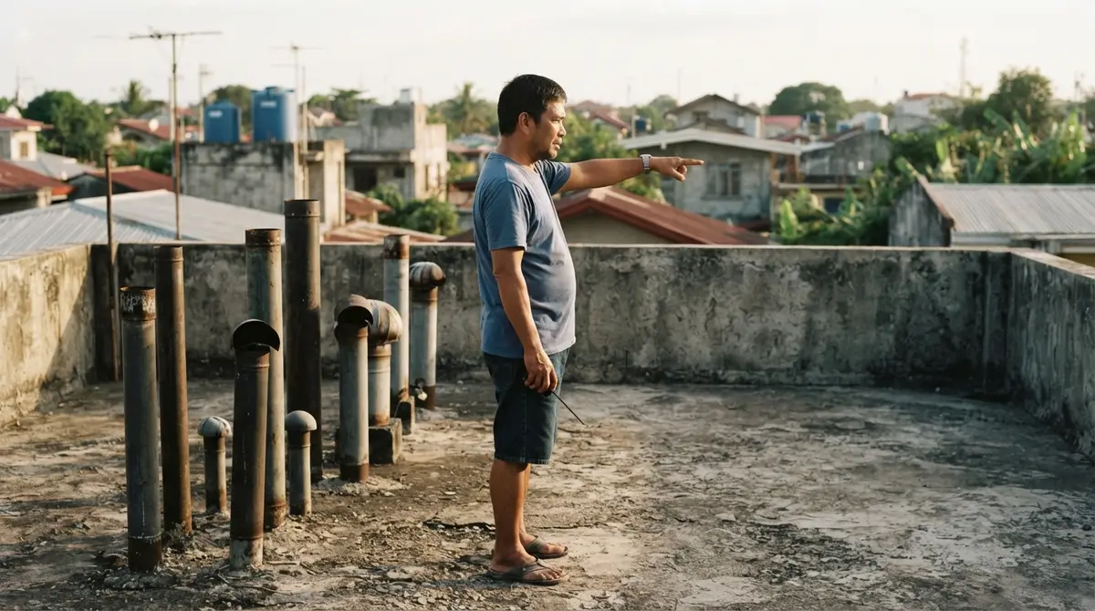 A person standing on a rooftop gesturing toward empty space while planning for solar panels.