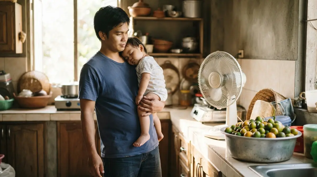 A man holding a toddler stands in a bright kitchen next to a cooling fan.