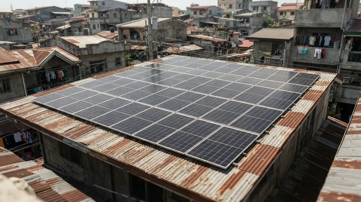 A tiled grid of solar panels covering almost the entire surface of a corrugated metal roof.