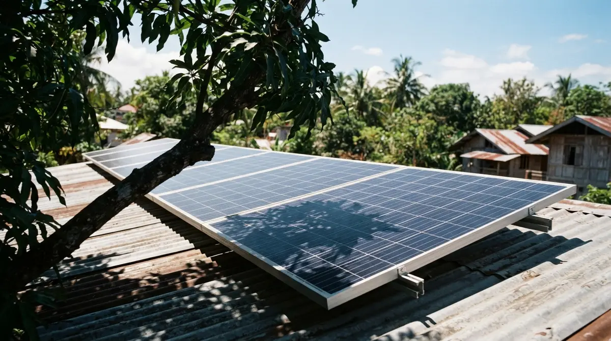 A branch shadow falls across a row of solar panels on a metal roof.