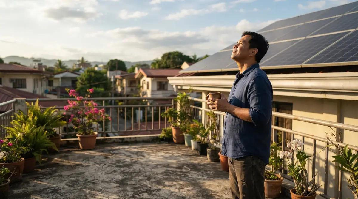 A person standing on a sunlit terrace looking up at rooftop solar panels.