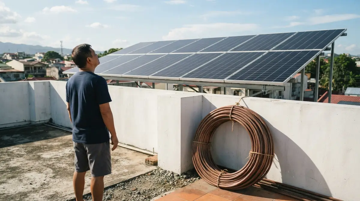 A person looks at a clean rooftop solar installation from a sunny concrete terrace.