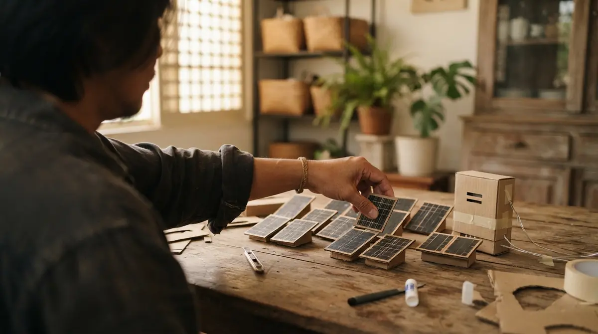 Hands arranging small cardboard models of solar equipment on a wooden table near a window.