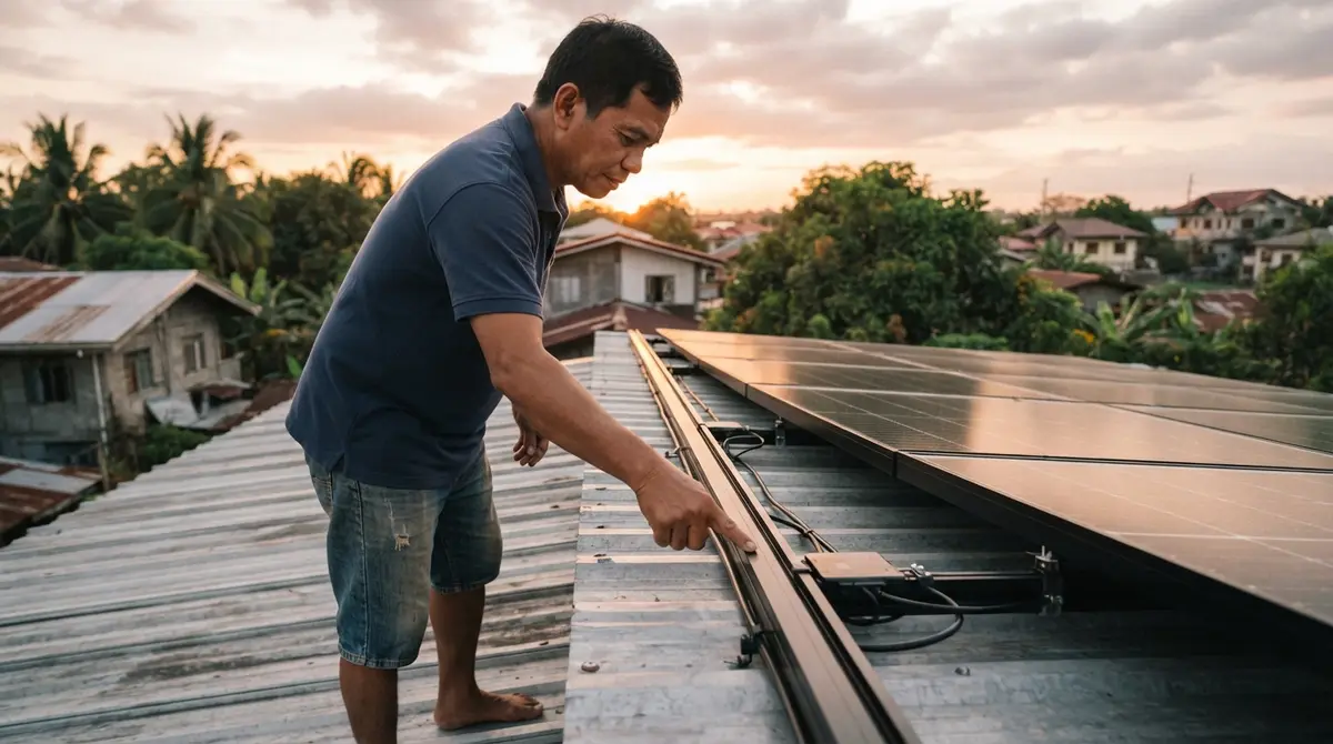 A homeowner inspects the clean, professional wiring and sturdy mounting hardware on a rooftop solar installation.