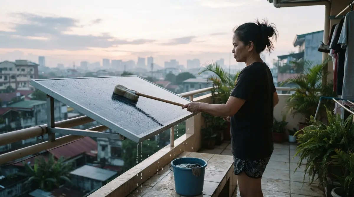 A person cleaning a rooftop solar panel with a soft brush during the early morning.