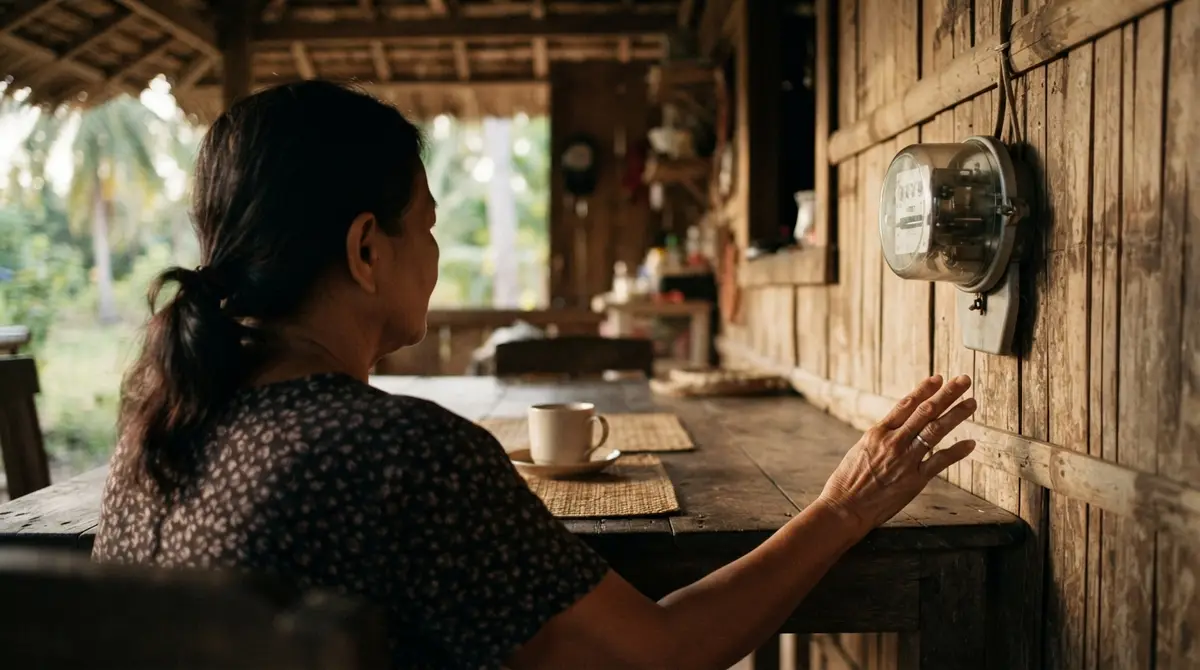 A person sits at a wooden table beside a traditional analog electric meter on a wall.