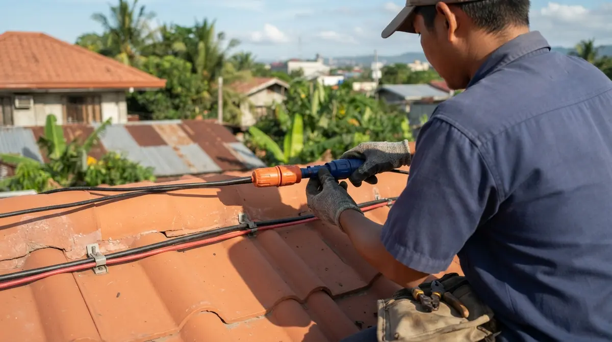 Close-up of gloved hands connecting two black solar cables on a sunlit roof.