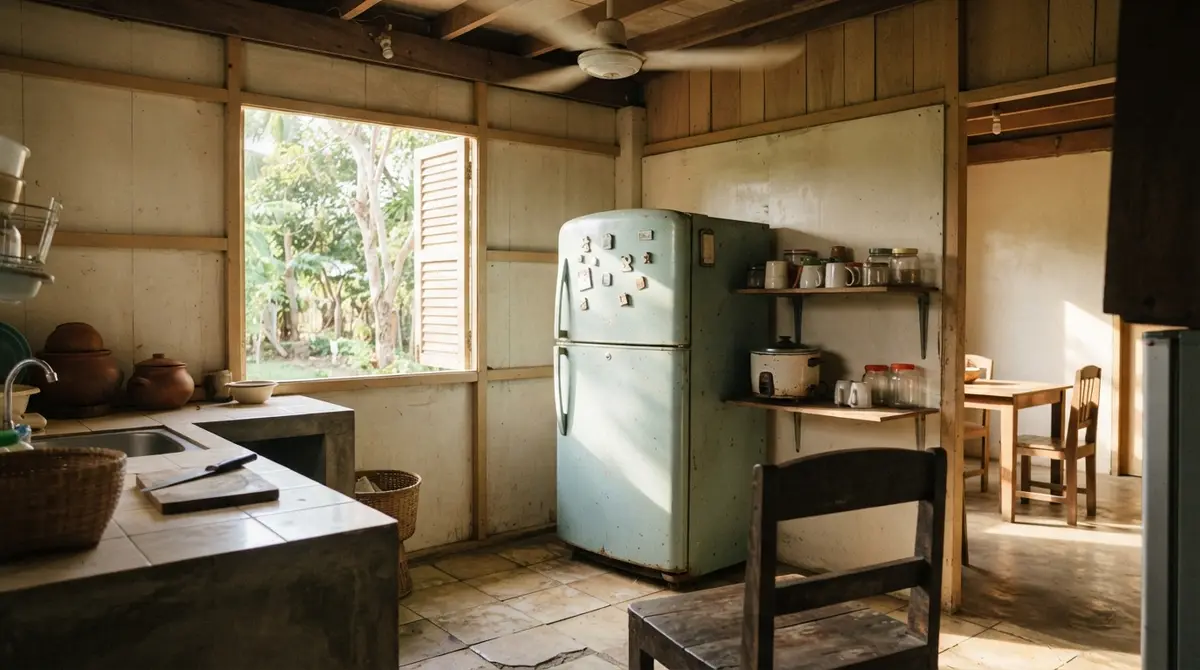 An older refrigerator stands in a bright kitchen with a ceiling fan overhead.