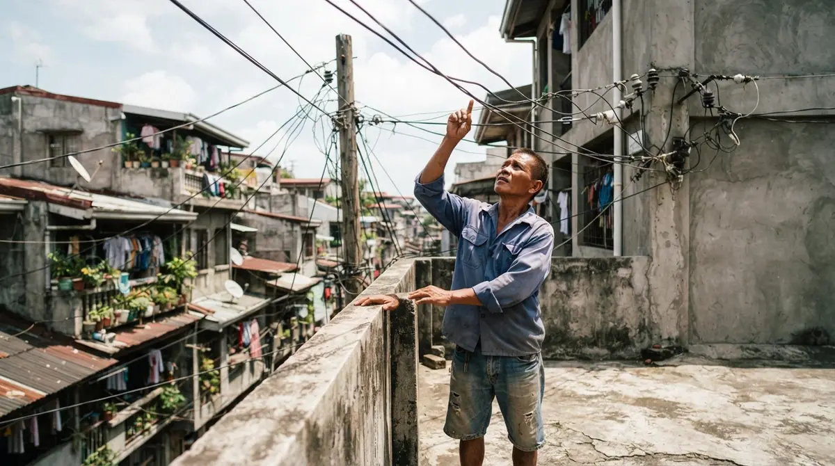 A person looks up at electrical wires connecting to a house in a residential area.