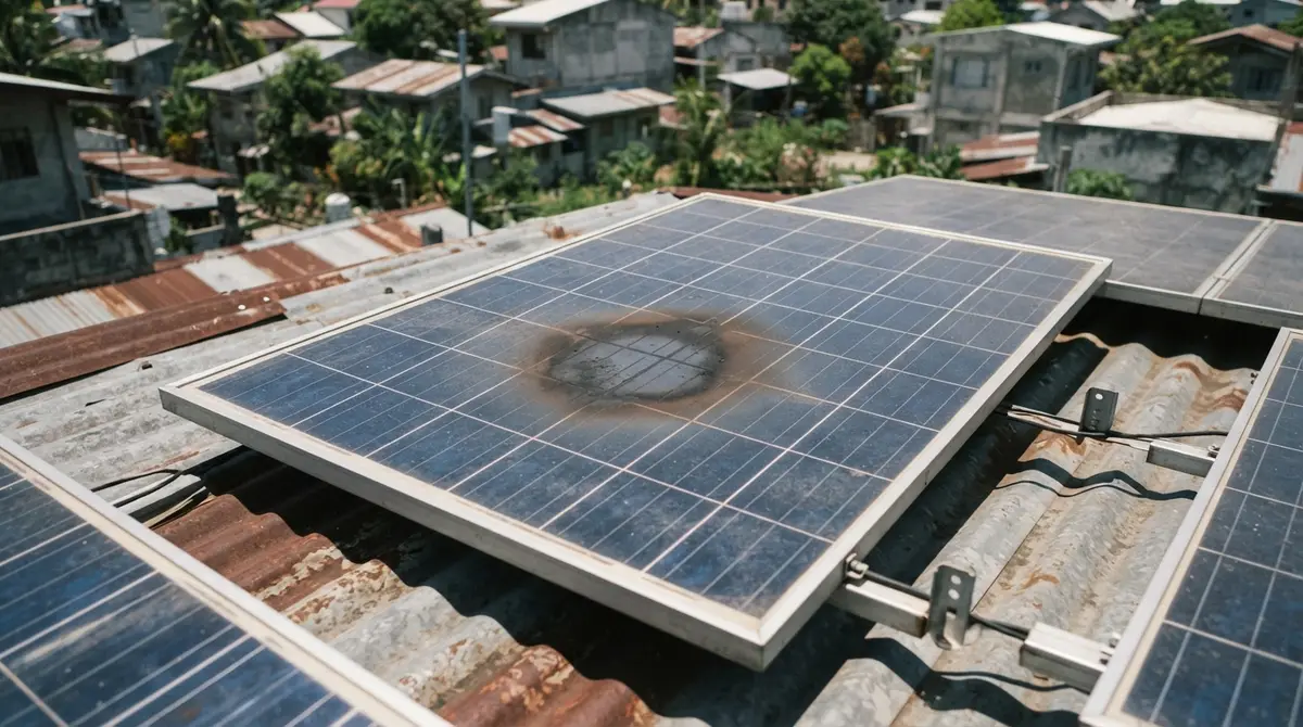 A dark, circular burn mark visible on the surface of a rooftop solar panel.