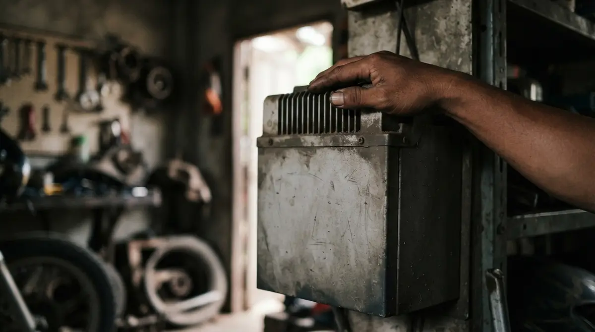 A hand rests on the metal casing of a wall-mounted battery in a garage.