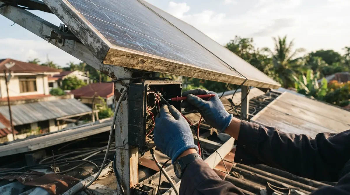 Hands using metal test probes on the electrical connections behind a solar panel.