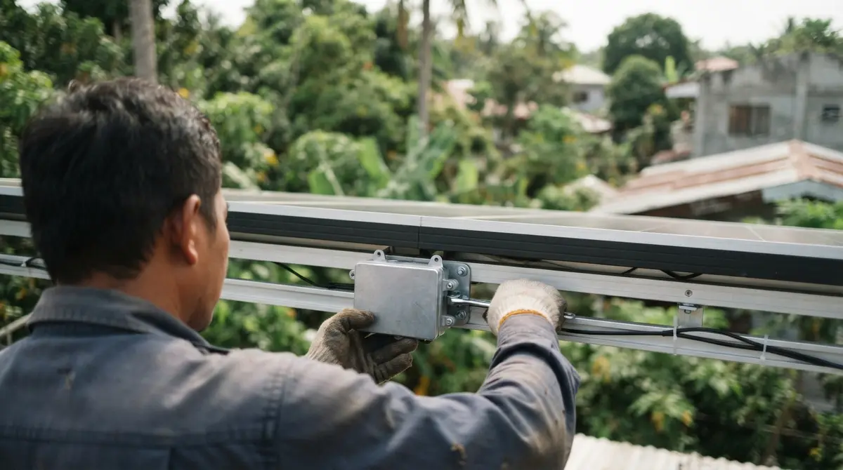 An electrician attaching a microinverter to a mounting rail beneath a rooftop solar panel.
