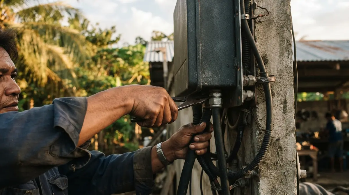 Hands securing wires into a metallic power converter box mounted on a concrete wall.