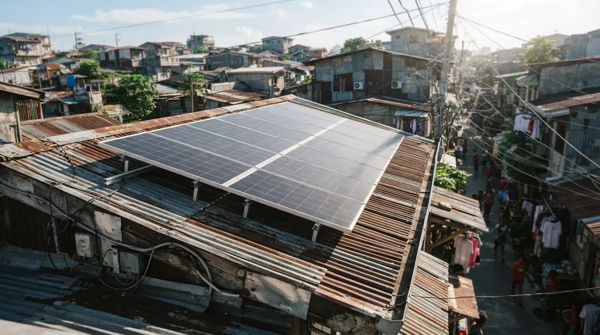 Twelve solar panels installed in a neat grid on a rusted corrugated iron rooftop.