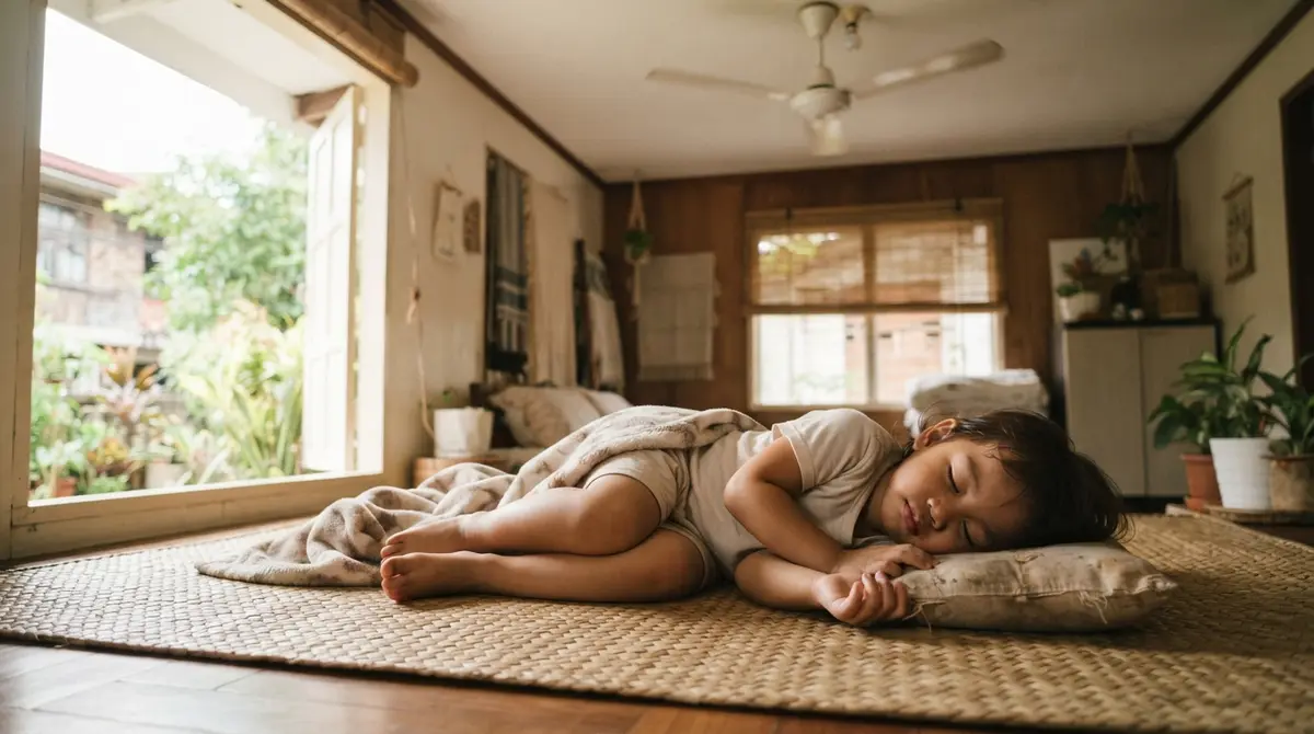 A toddler sleeping peacefully on a mat under a slowly turning ceiling fan.