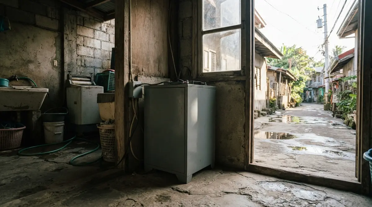 A battery unit stands in a dimly lit utility room beside a sunlit outdoor window.