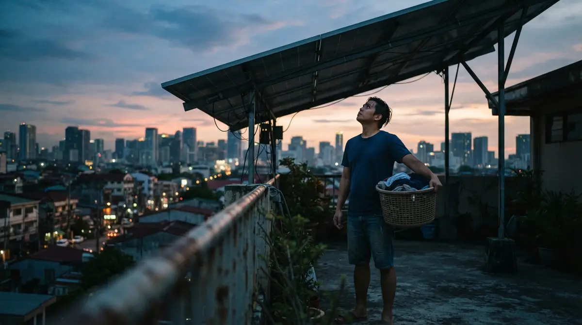 A man stands on a residential balcony at twilight beneath a large solar panel array.