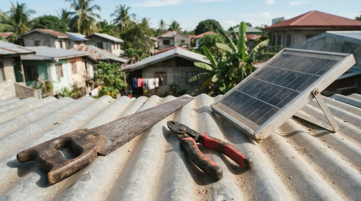 Tools resting on a corrugated metal roof beside a small off-grid solar panel.