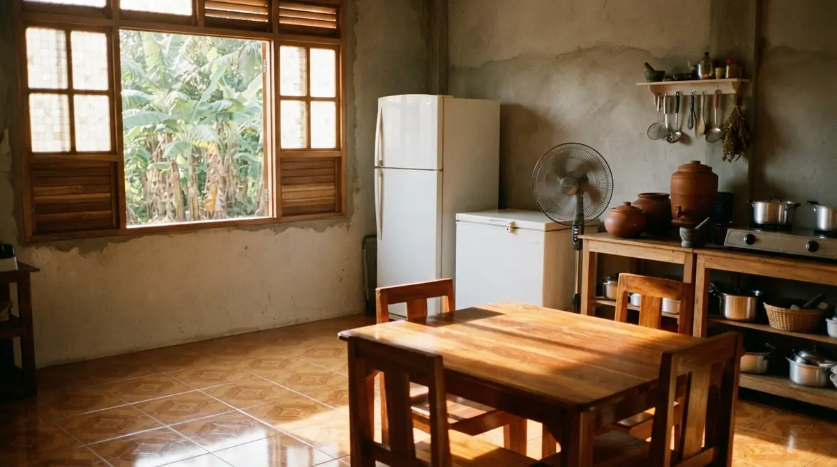 Bright sunlight illuminates a kitchen with heavy appliances and a tiled floor.