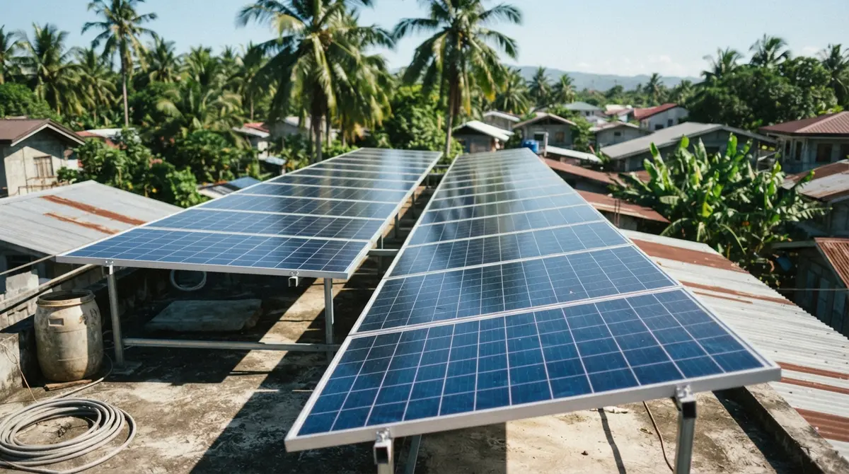 Two rows of modern solar panels reflect the sky on a Philippine residential rooftop.