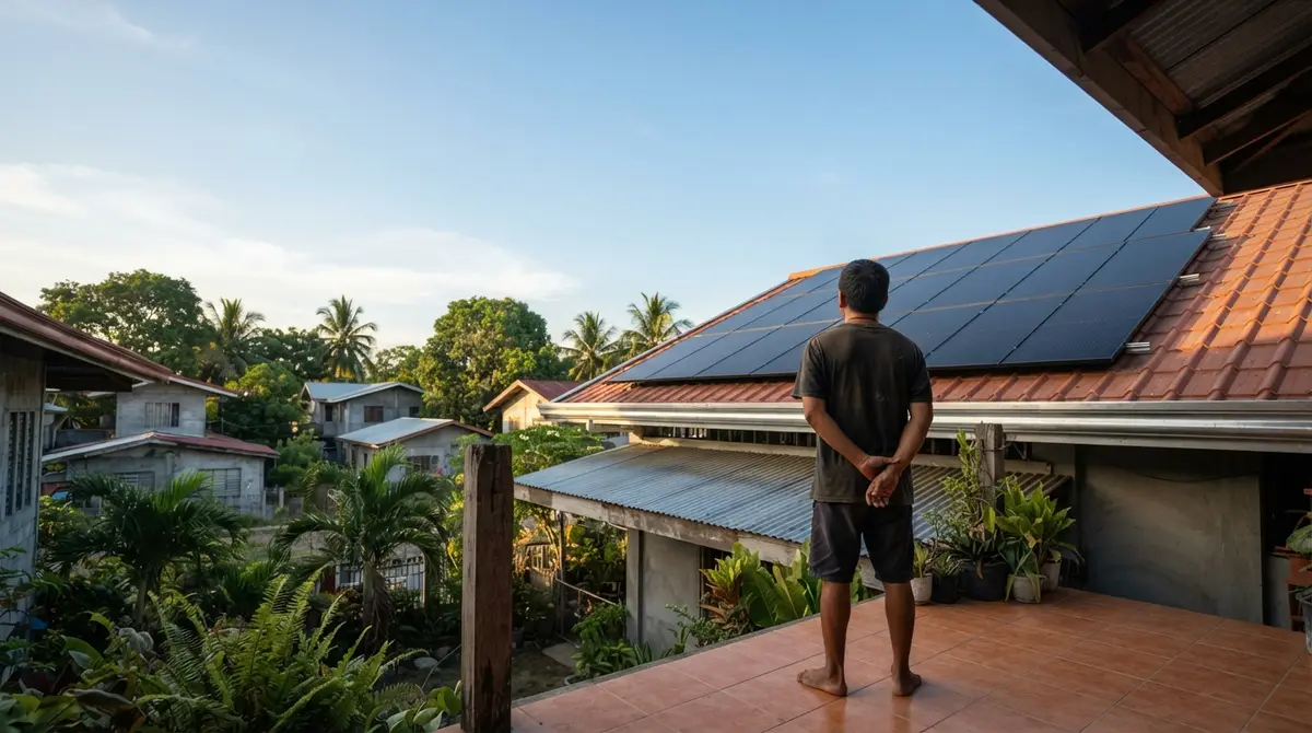 A person stands on a tiled porch looking up at solar panels on a rooftop.