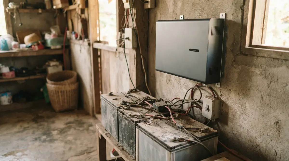 A modern lithium battery sits mounted above a stack of old, dusty lead-acid batteries.