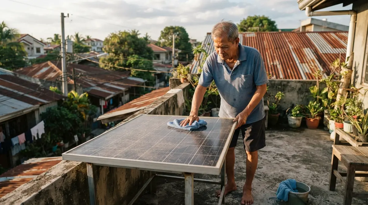 An elderly person cleaning a dark solar panel on a rooftop at sunset.