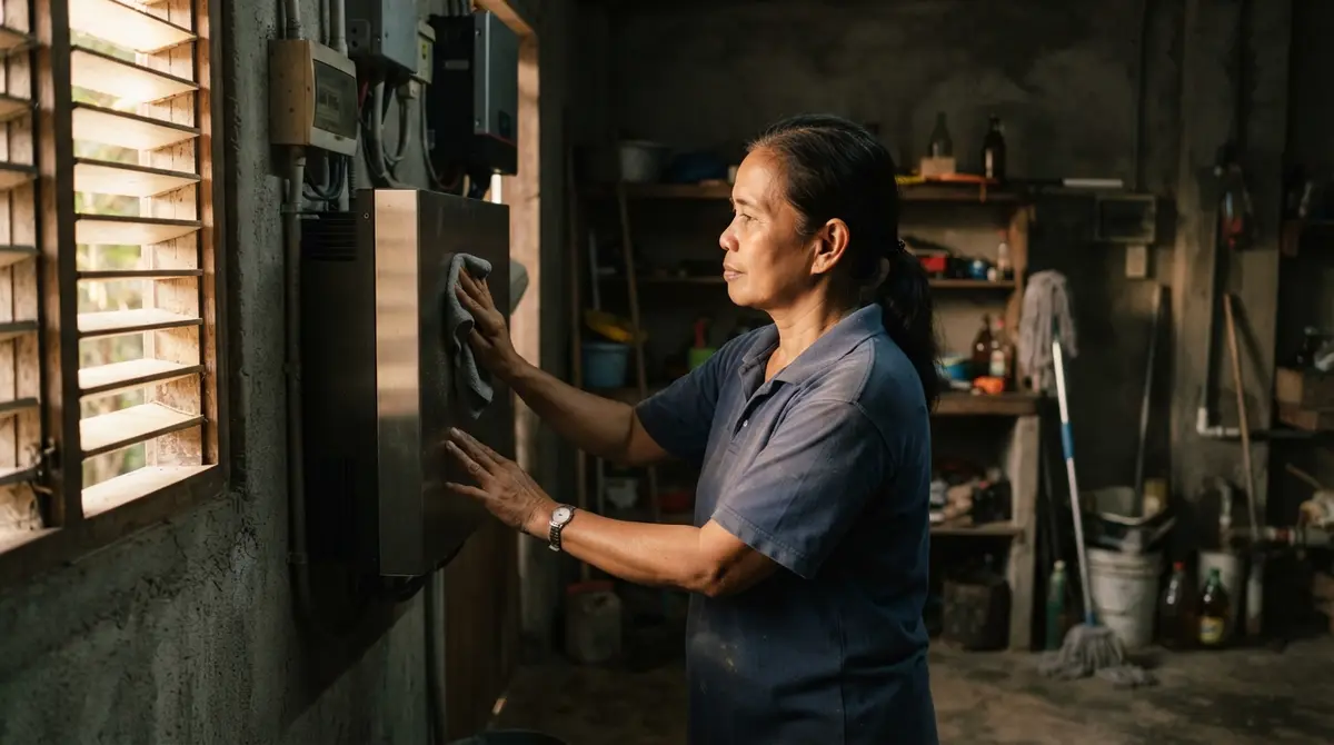 A person cleaning a rectangular home battery unit mounted on a concrete wall.