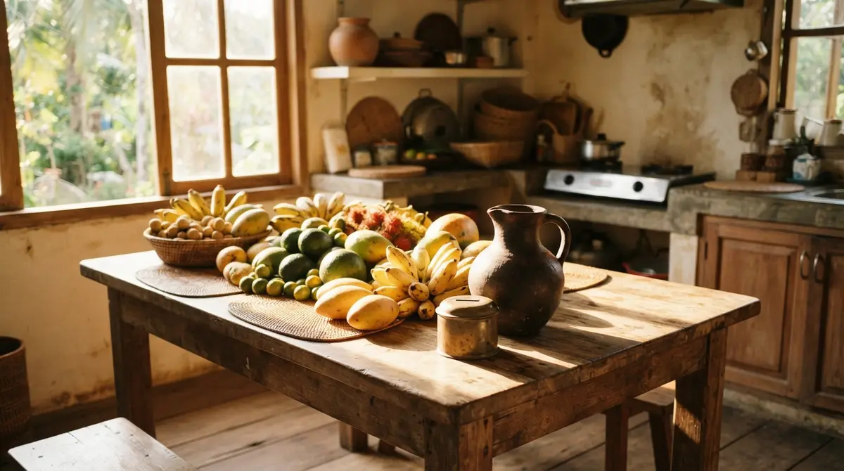 Sunlight illuminates a wooden dining table topped with tropical fruits and a small coin bank.