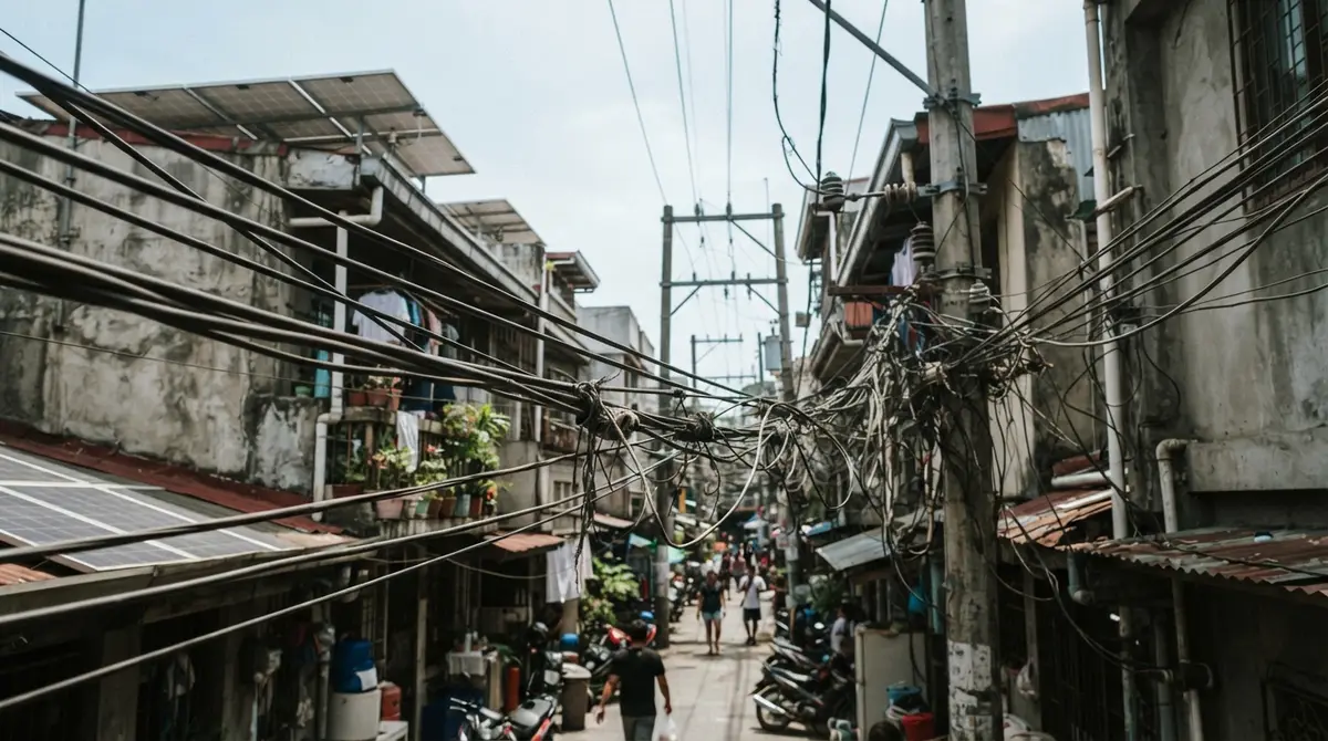 Heavy black electrical wires hang in a thick cluster against a bright, hazy sky.