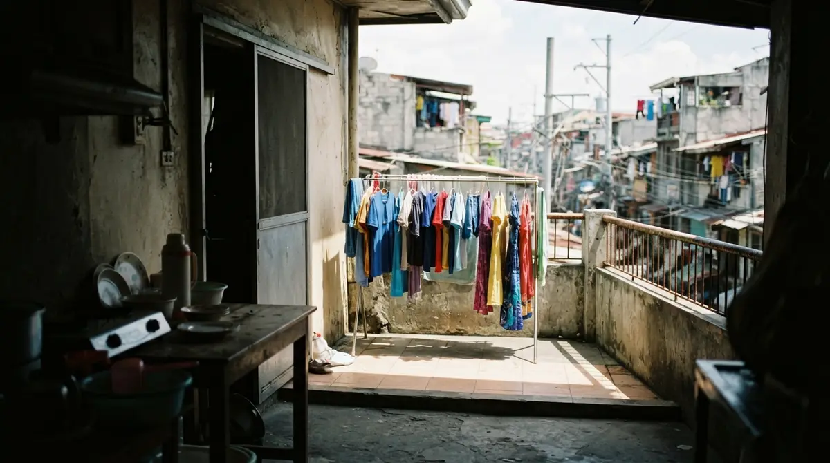 A laundry rack full of clothes on a sunny balcony seen from a dark room.