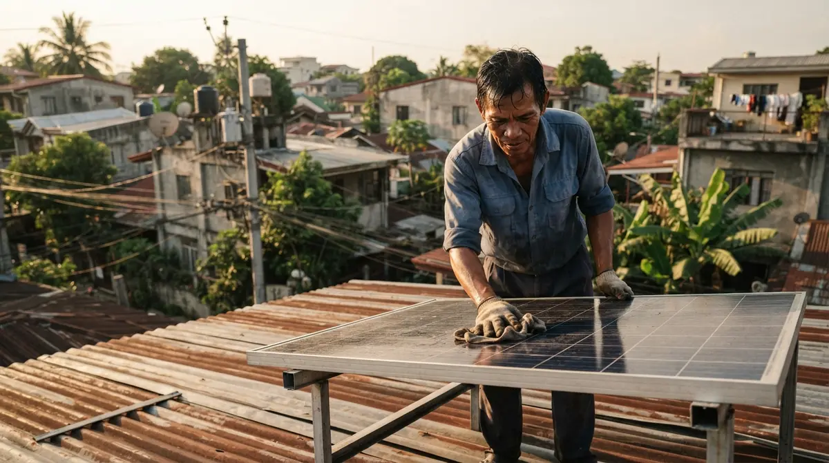 A person cleans a rooftop solar panel under bright natural light in a residential neighborhood.