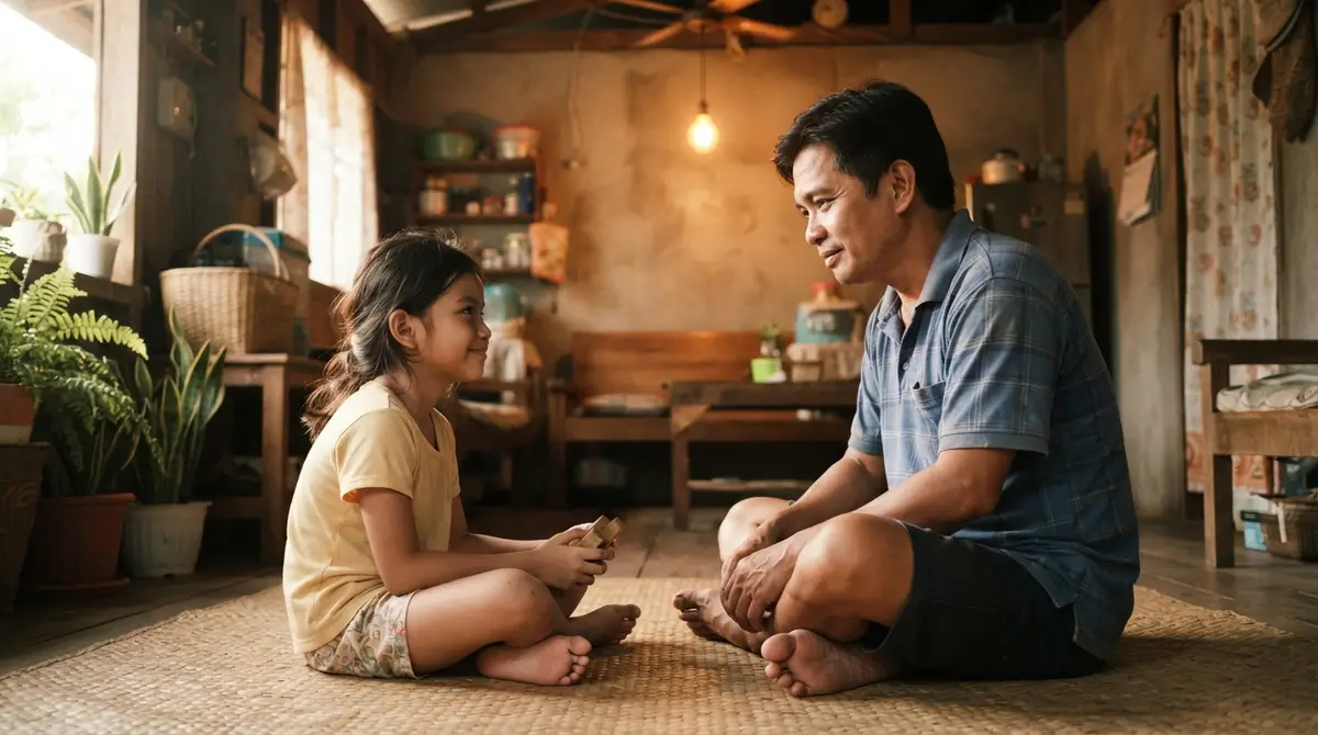 A father and daughter sitting on a woven floor mat under a warm interior light.