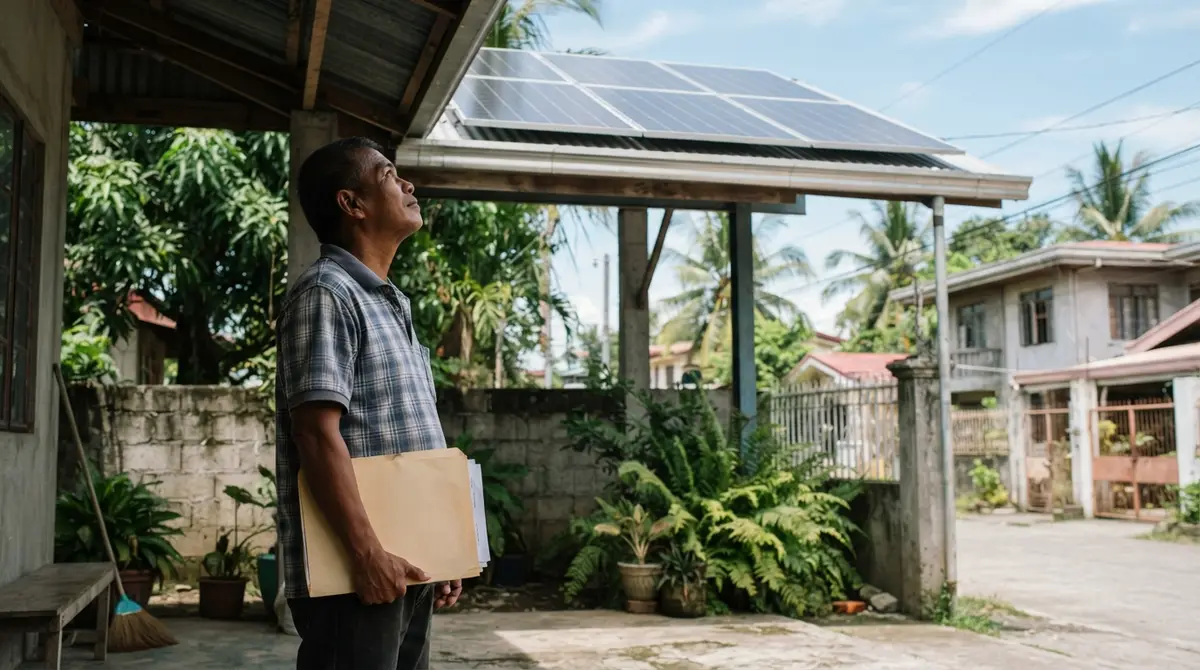 A person standing on a porch looking at solar panels on a house roof.
