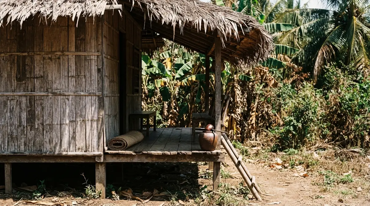 Harsh midday sunlight creating deep shadows across the weathered bamboo porch of a rural home.