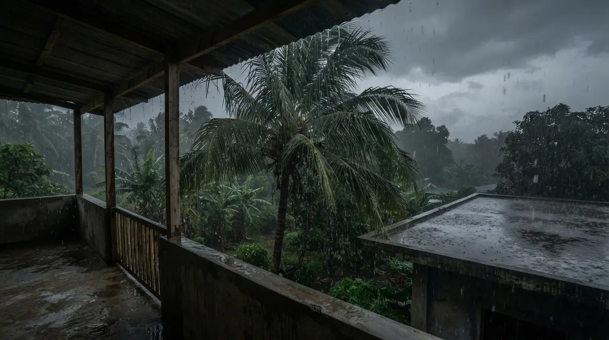 Heavy rain falls on palm trees and wet rooftop puddles under a dark, overcast sky.