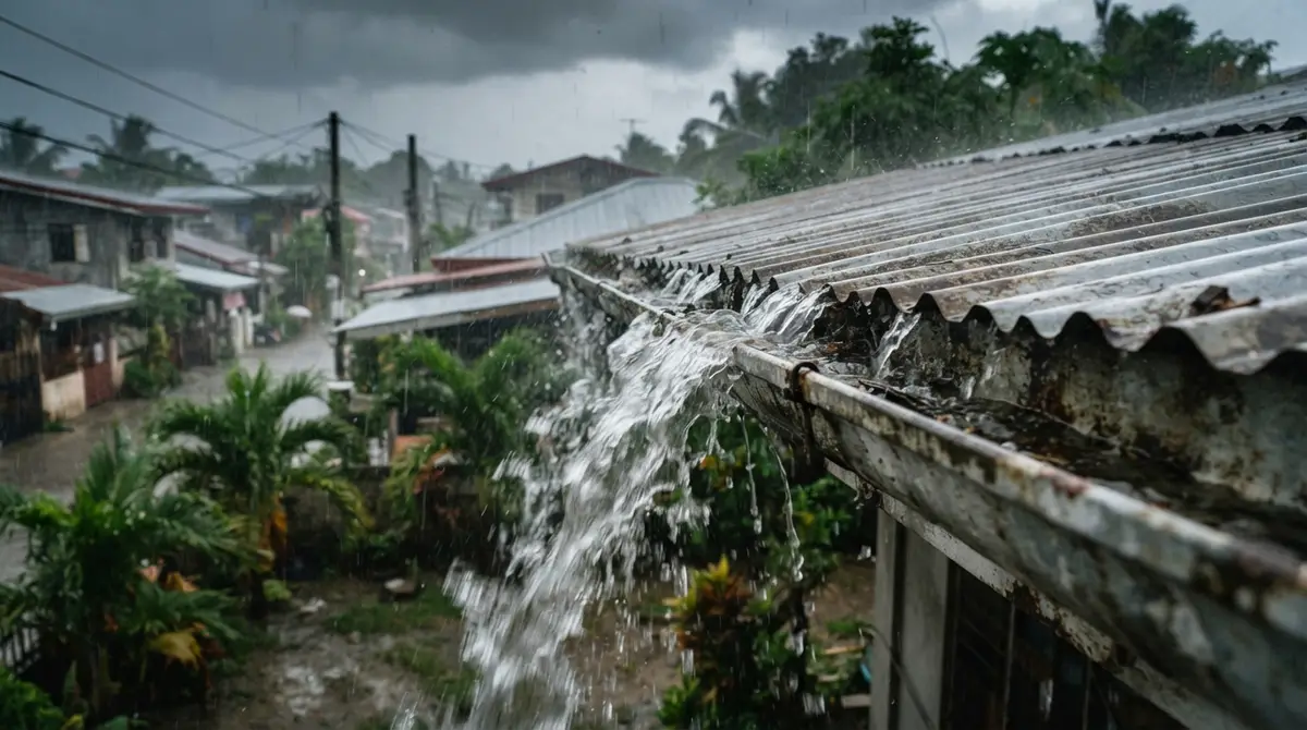 Rainwater pours from a metal roof gutter during a heavy storm under grey monsoon clouds.