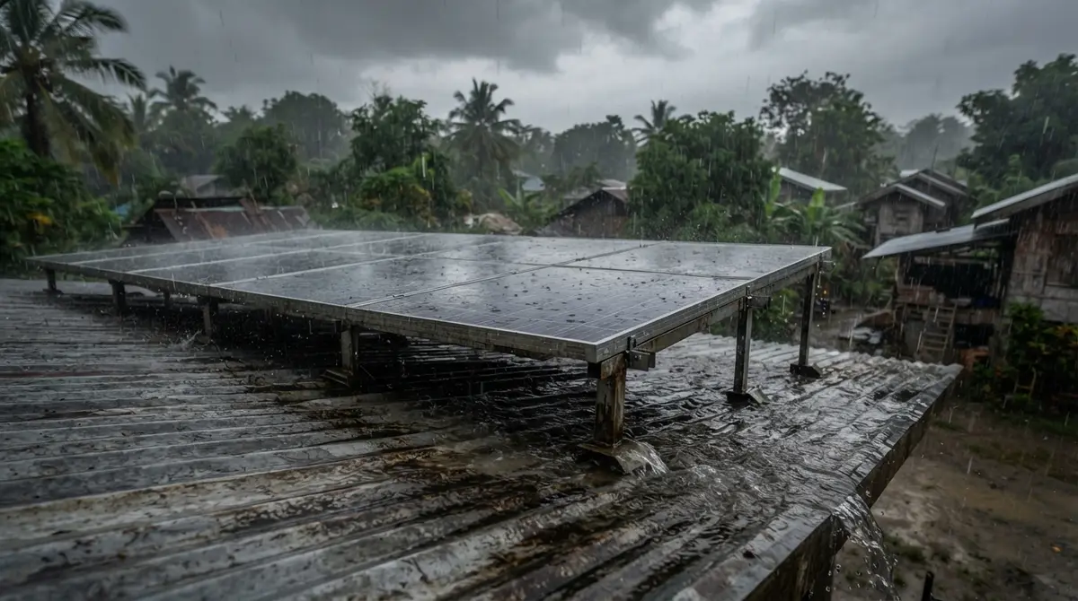 Rainwater splashing against the metal base of solar panels on a wet, gray rooftop.