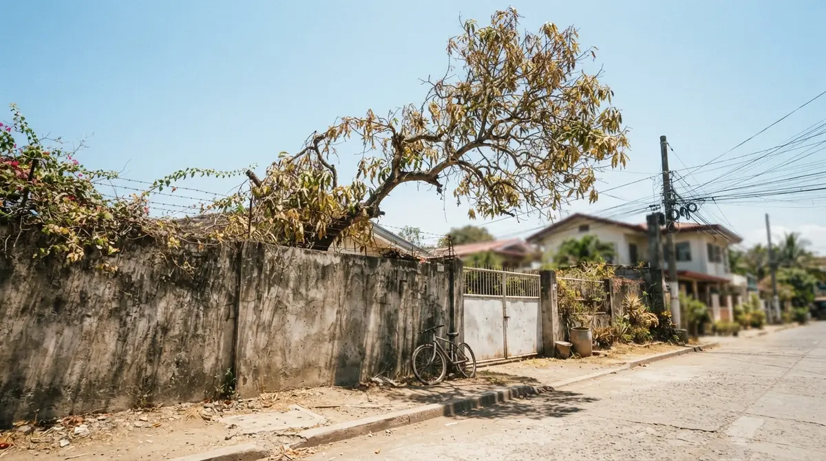 A sun-scorched, yellowing mango tree canopy against a blindingly bright midday sky.