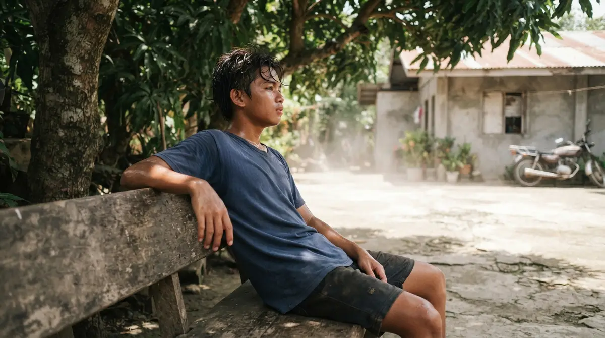 A teenager rests on a wooden bench during the intense heat of a summer afternoon.