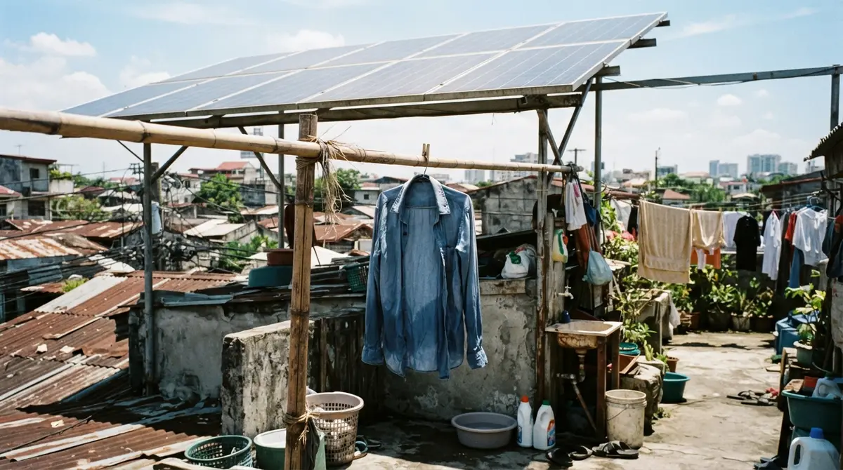 A white shirt dries on a bamboo rack under solar panels on a sunny rooftop.