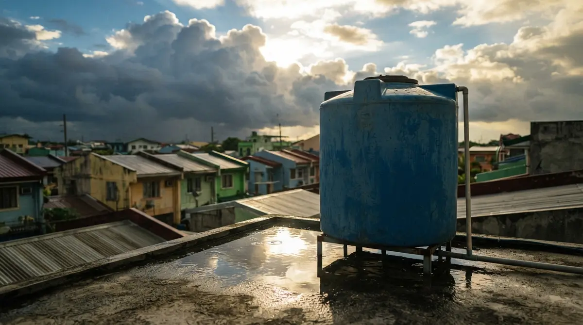 A water tank on a wet roof reflecting dramatic sunlight beneath retreating storm clouds.