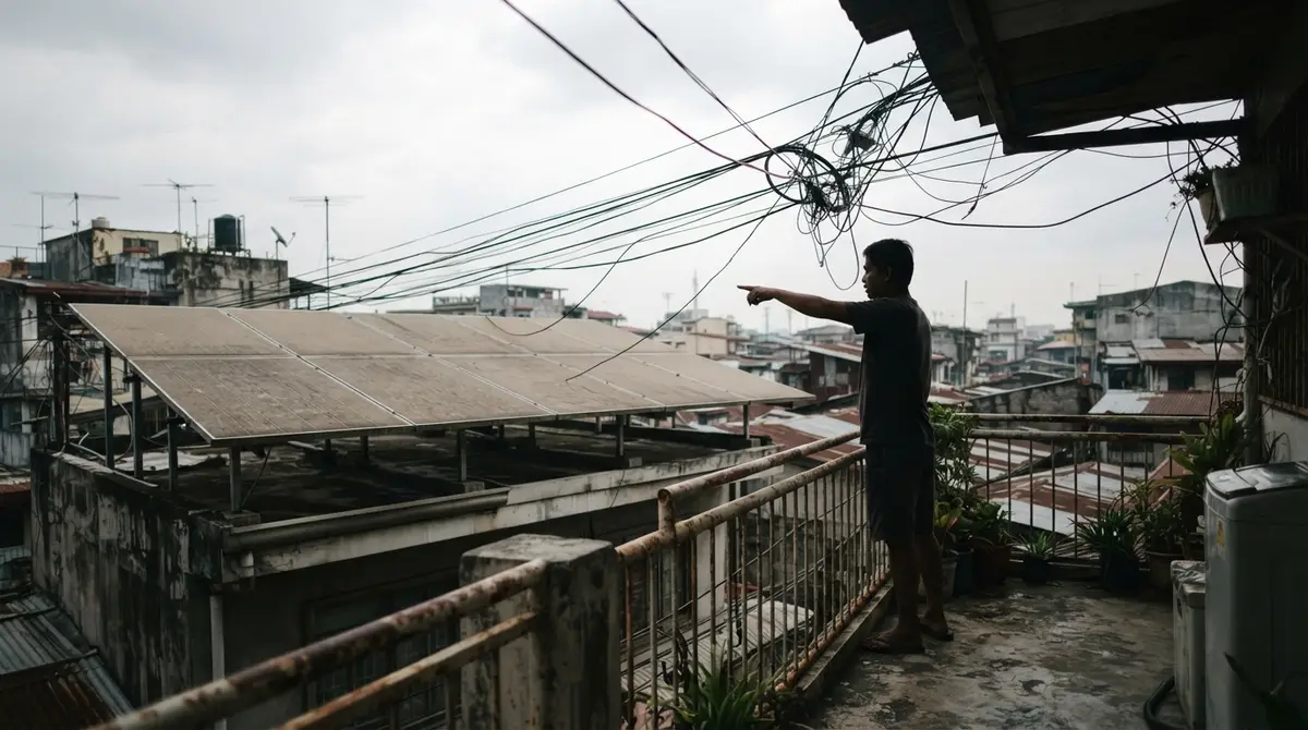 A person points at rooftop solar panels silhouetted against a backdrop of cluttered overhead power lines.