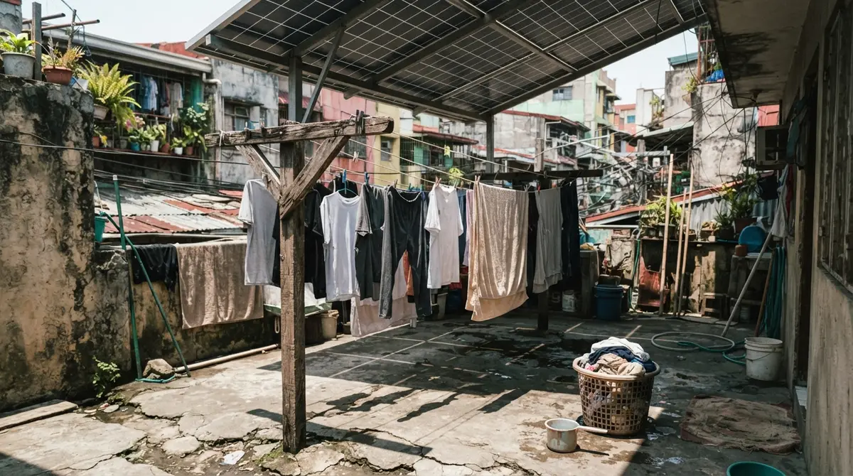 A clothesline and laundry basket positioned under the shadow of a solar panel installation.
