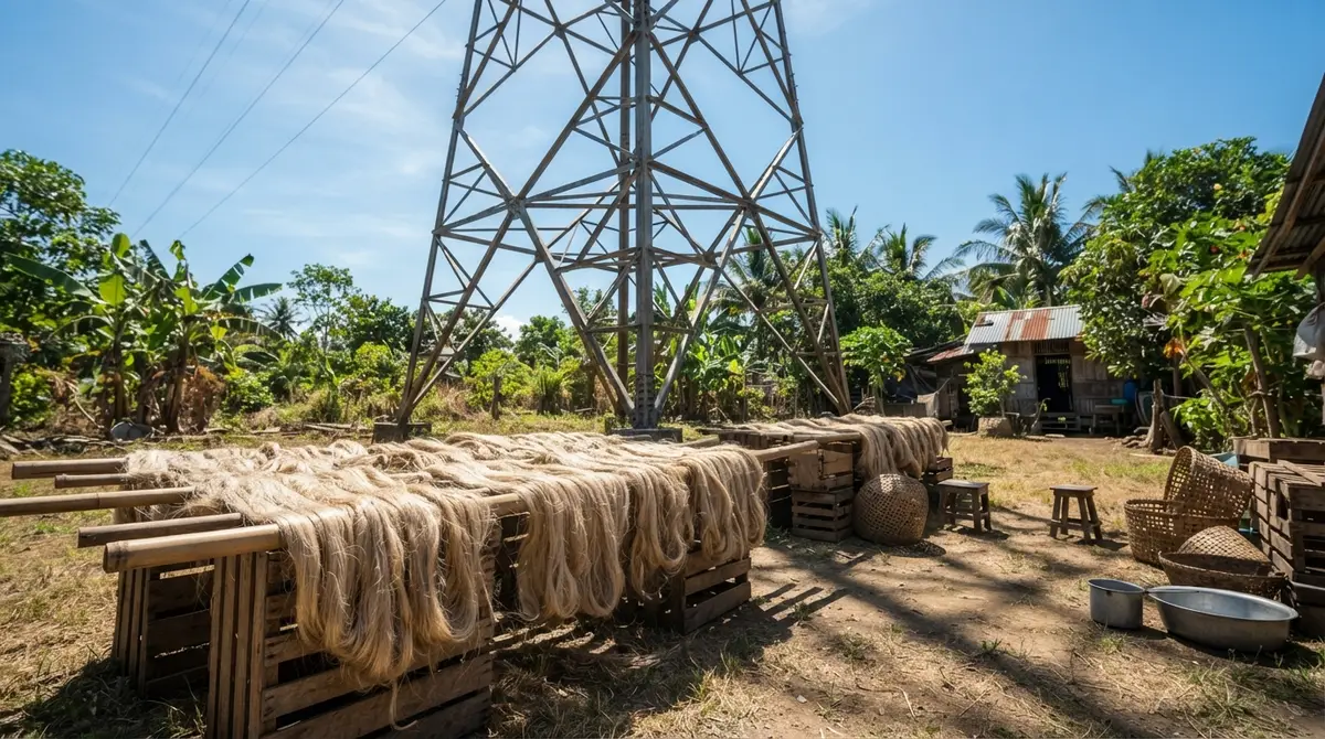 A steel transmission pylon stands against a bright sky above drying natural fibers.